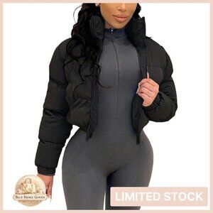 Cropped Puffer Jacket Quilted Lightweight Bubble Coat Zip Up Winter Chic